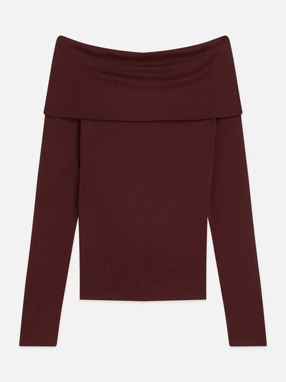Twisted Neckline Wool-Blend Long Sleeve T-Shirt