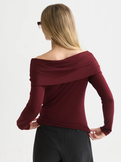 Twisted Neckline Wool-Blend Long Sleeve T-Shirt