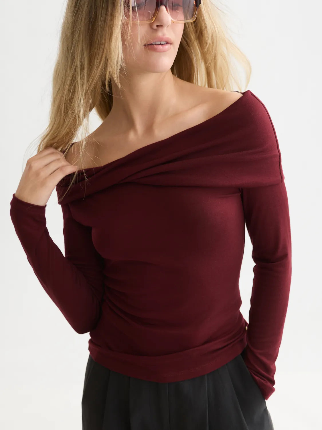 Twisted Neckline Wool-Blend Long Sleeve T-Shirt