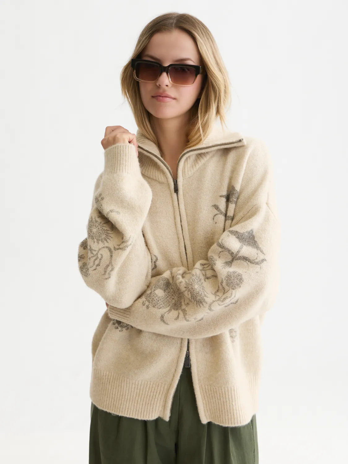 Printed Zip-Through Oversized Cardigan