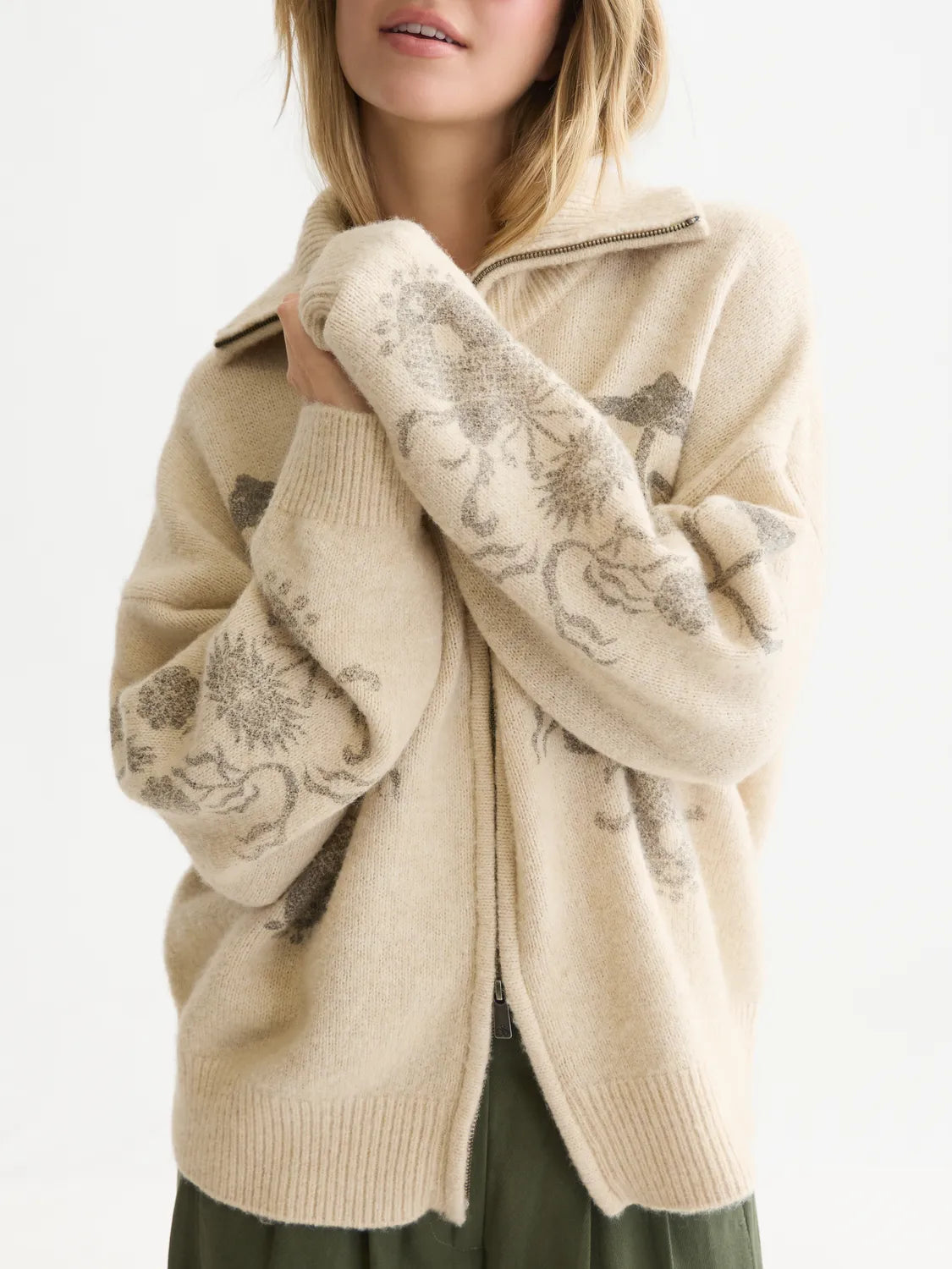 Printed Zip-Through Oversized Cardigan