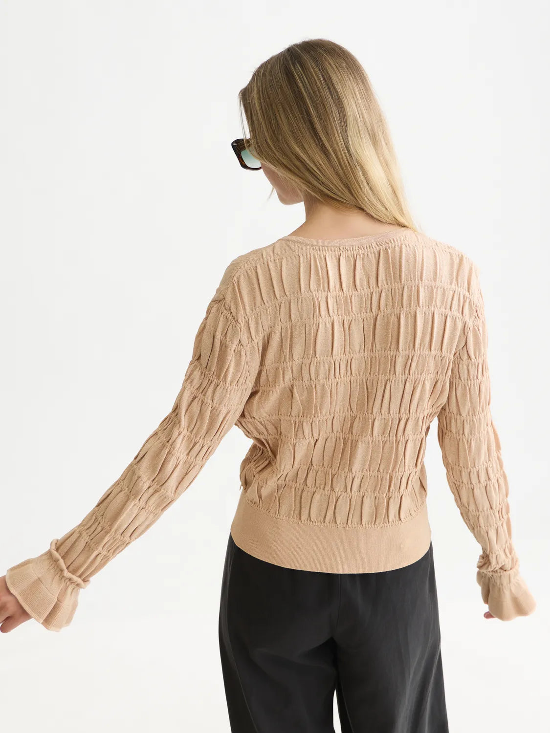 Smock Stitch Crew Neck Cardigan
