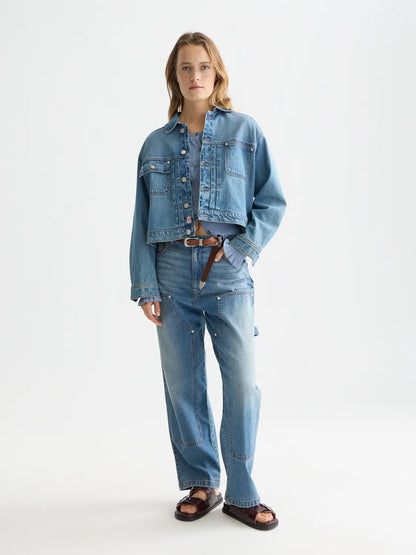 Pleat Front Denim Trucker Jacket