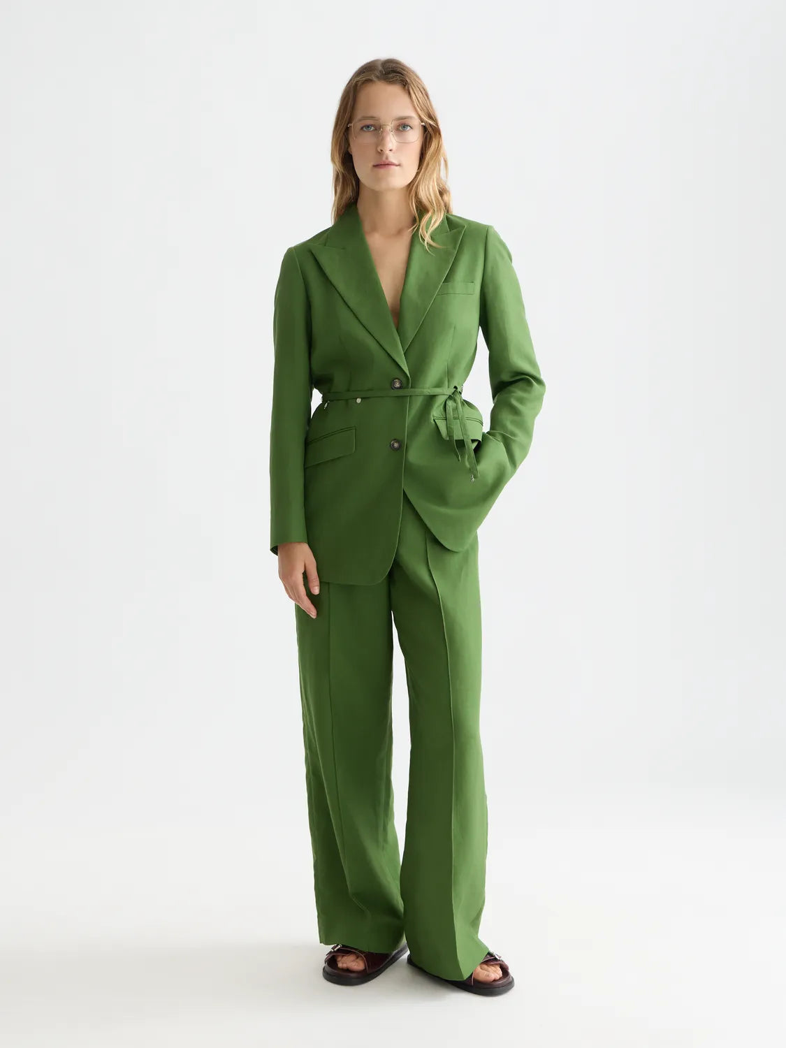 Linen Blend Blazer With Charm Belt