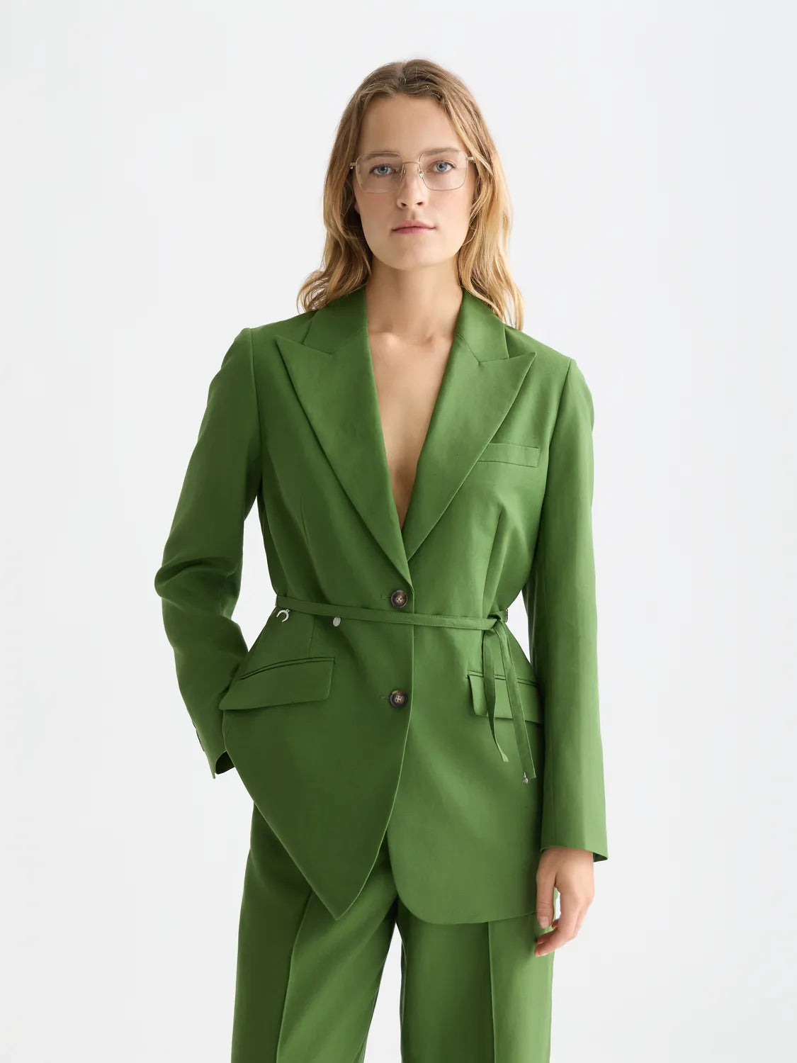 Linen Blend Blazer With Charm Belt