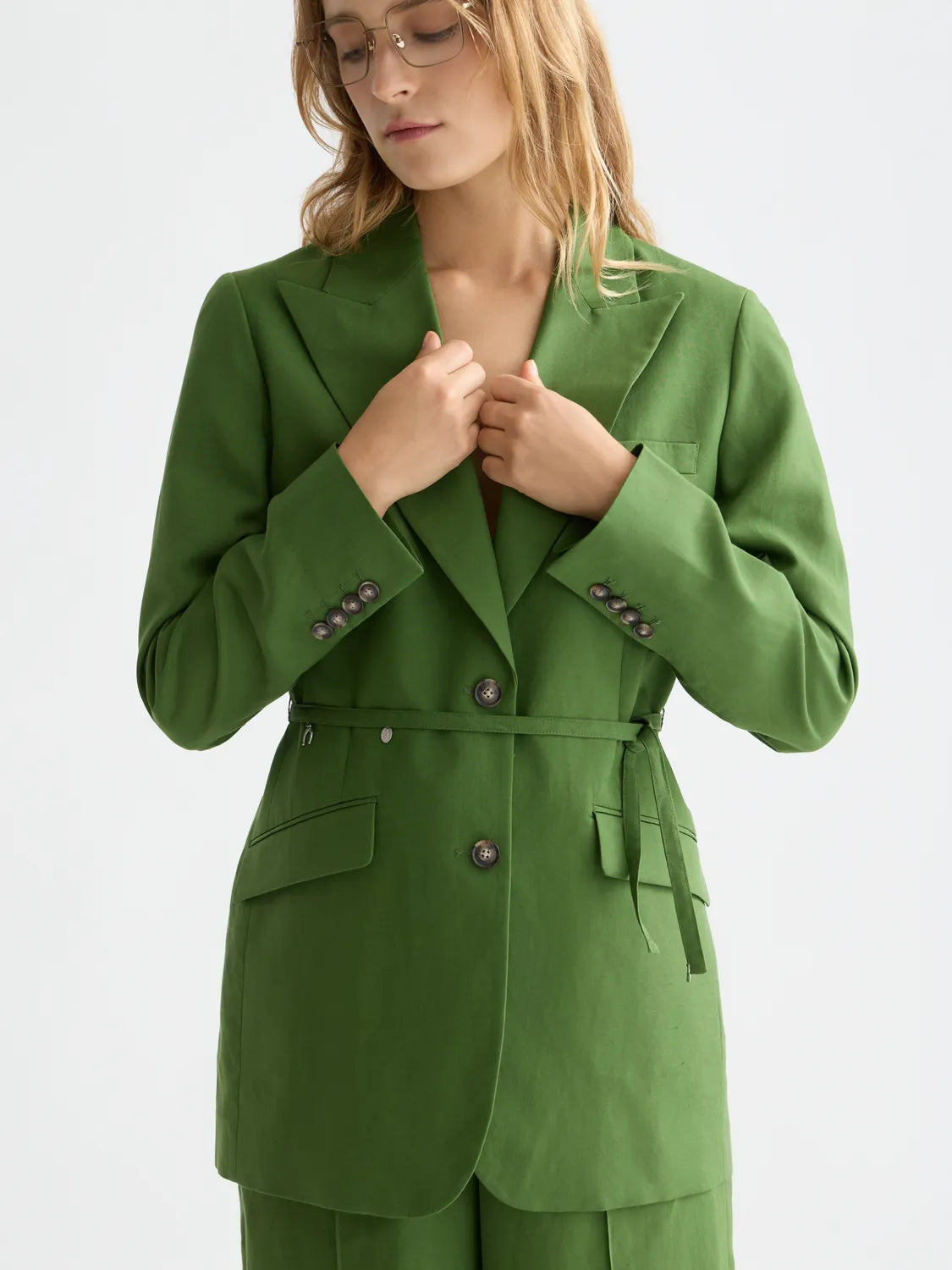 Linen Blend Blazer With Charm Belt