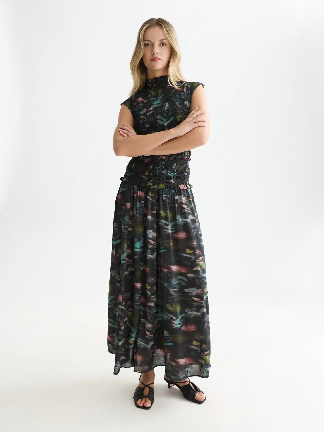 Printed Smocked Waist Ankle Length Skirt
