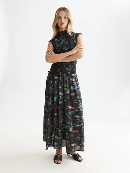 Printed Smocked Waist Ankle Length Skirt