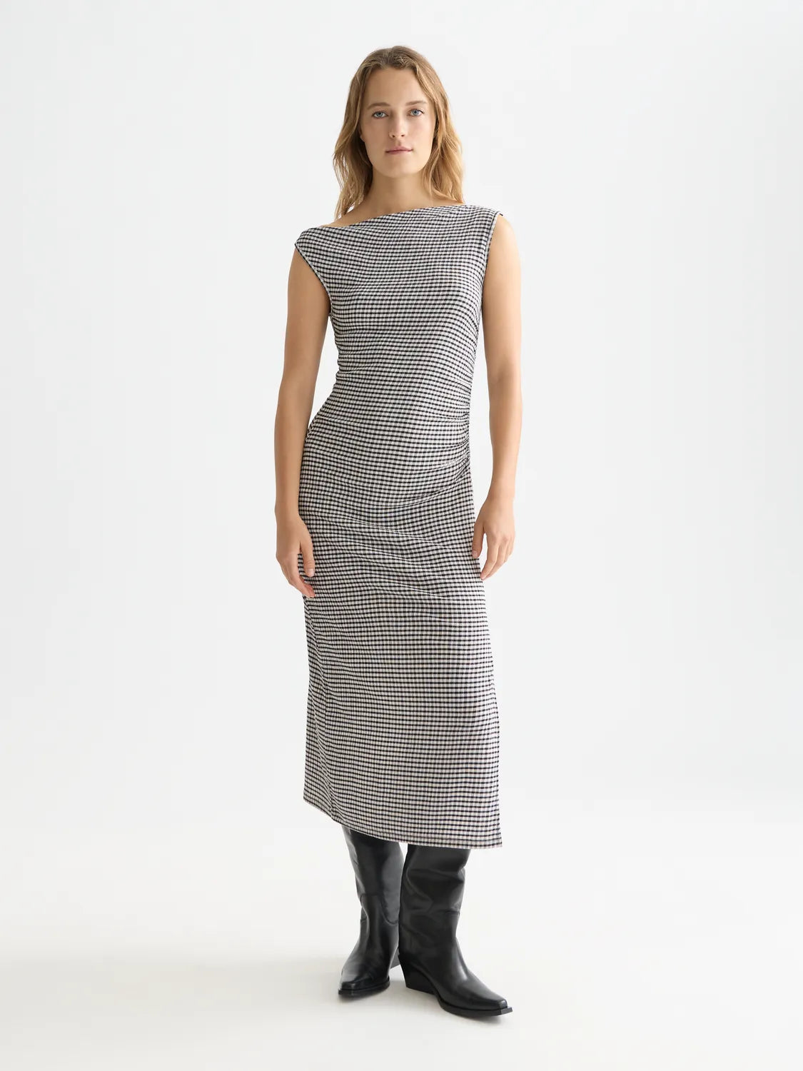 Structured Gingham Drapey Midi Dress