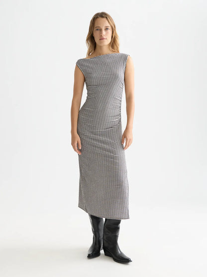 Structured Gingham Drapey Midi Dress