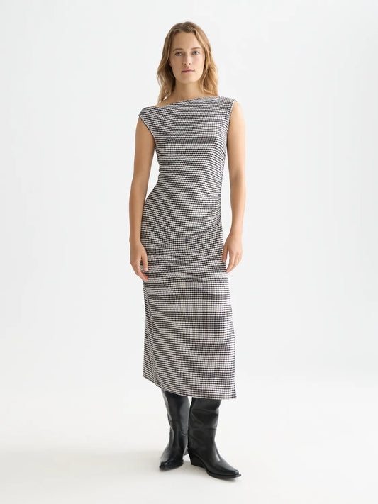 Structured Gingham Drapey Midi Dress
