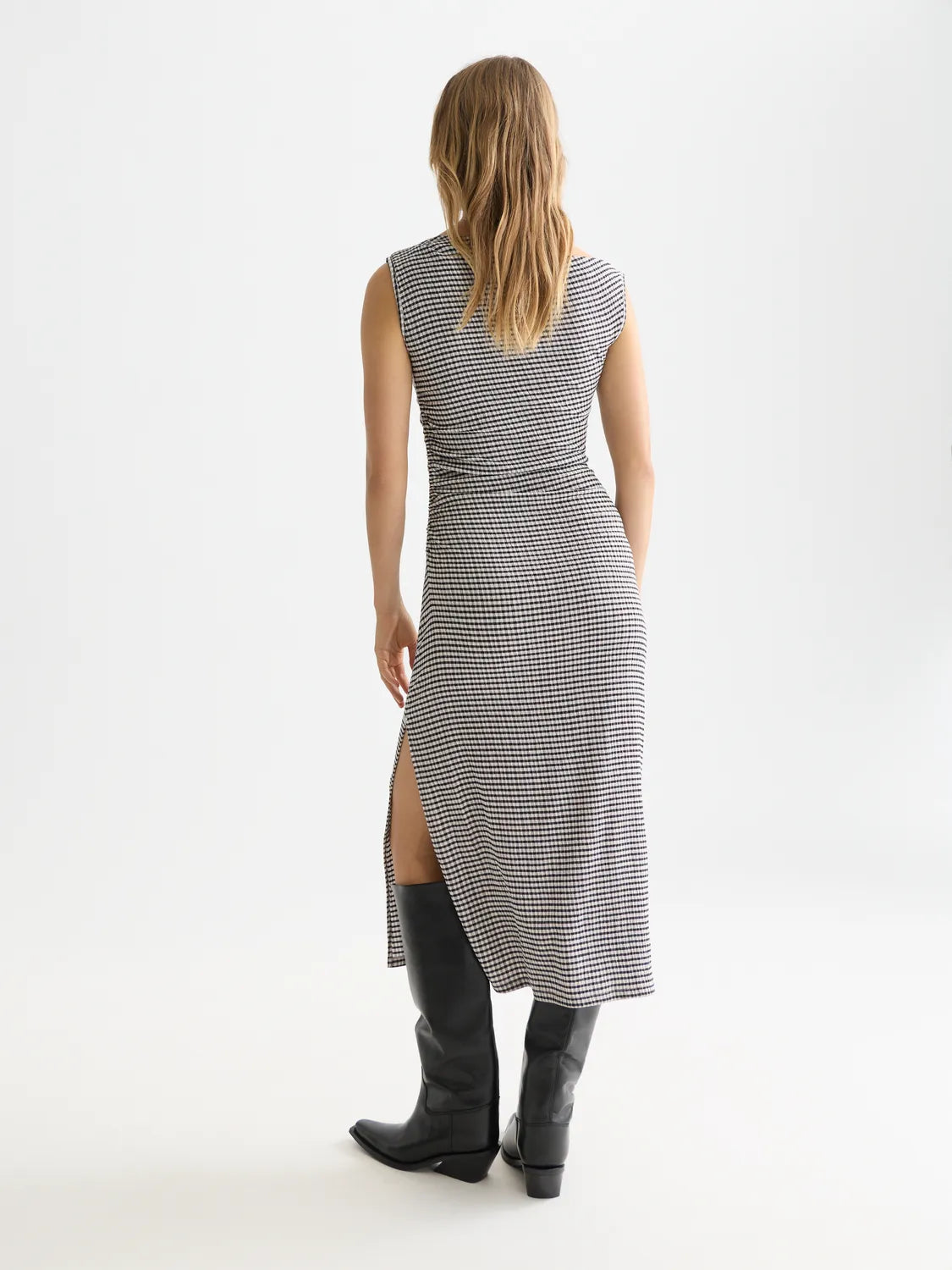 Structured Gingham Drapey Midi Dress