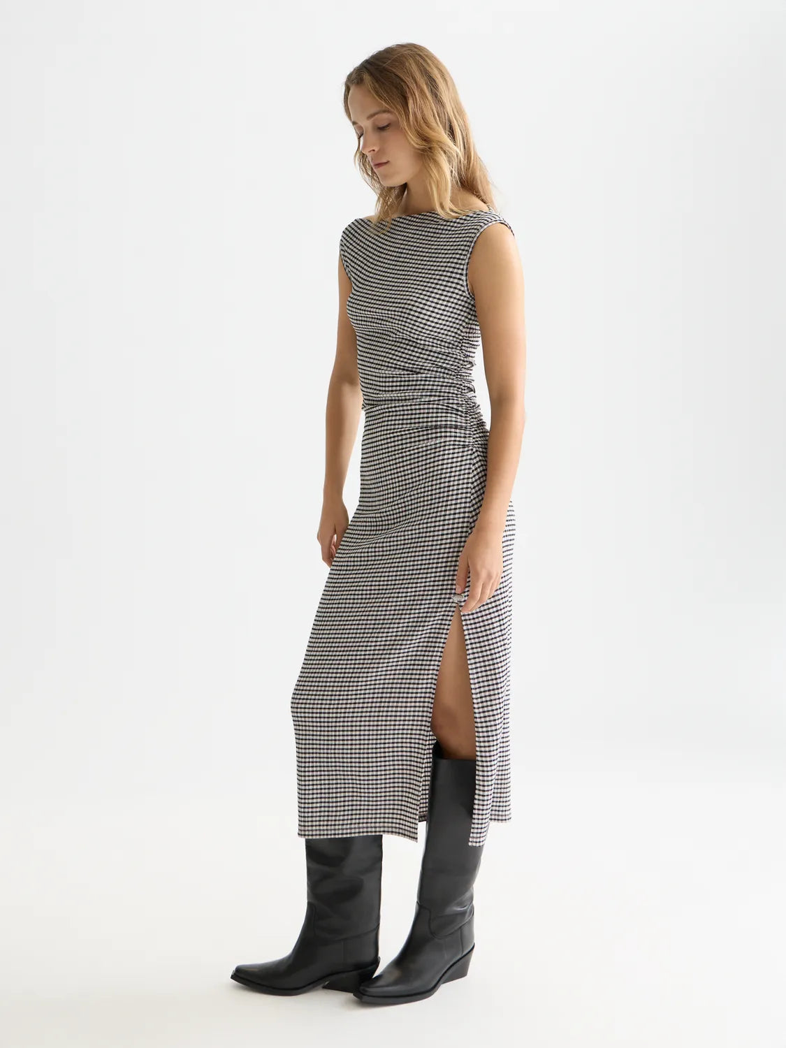 Structured Gingham Drapey Midi Dress