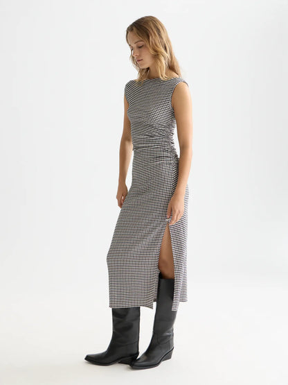 Structured Gingham Drapey Midi Dress