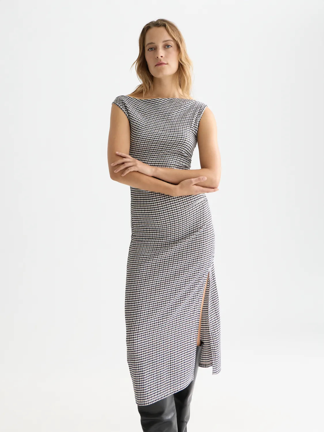 Structured Gingham Drapey Midi Dress