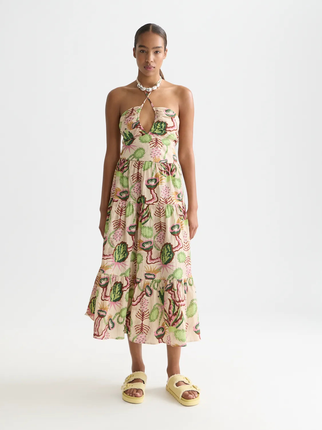 Cotton Seersucker Keyhole Halter Midi Dress