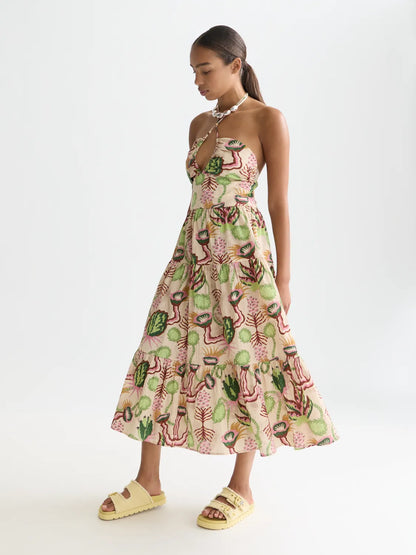 Cotton Seersucker Keyhole Halter Midi Dress