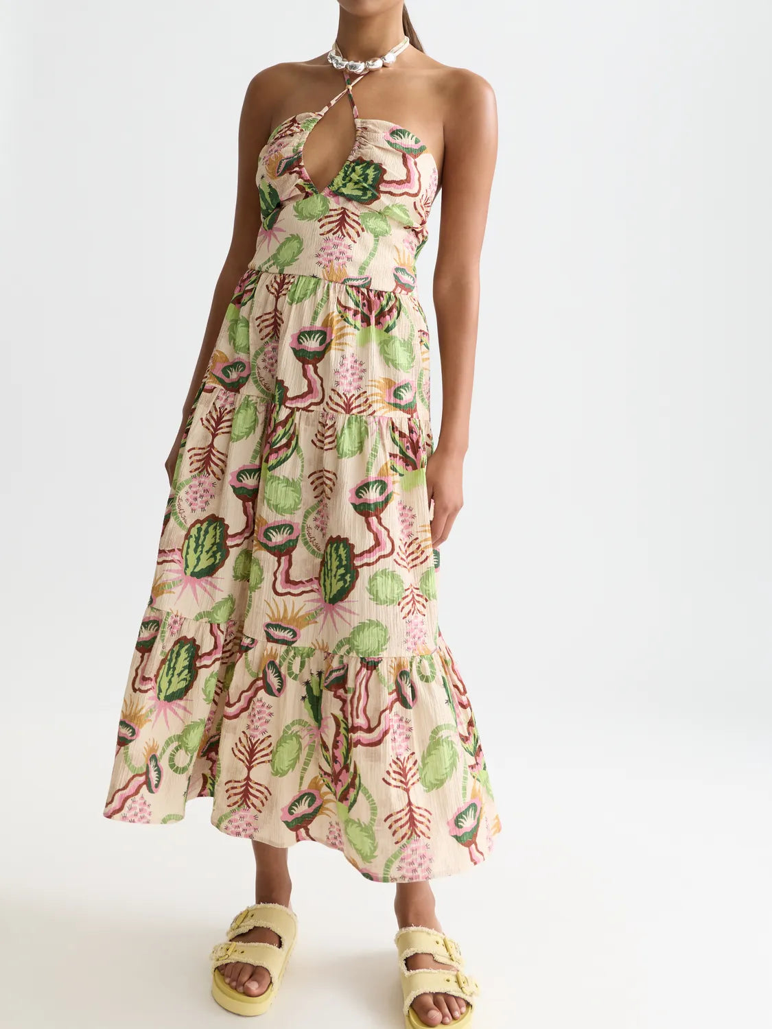 Cotton Seersucker Keyhole Halter Midi Dress