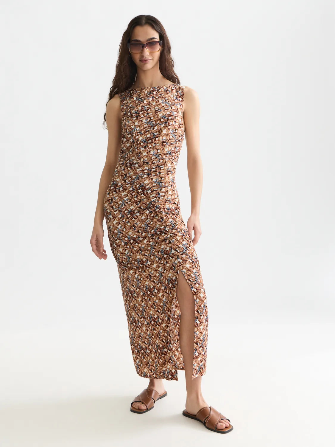 Printed Textured Midi Dress