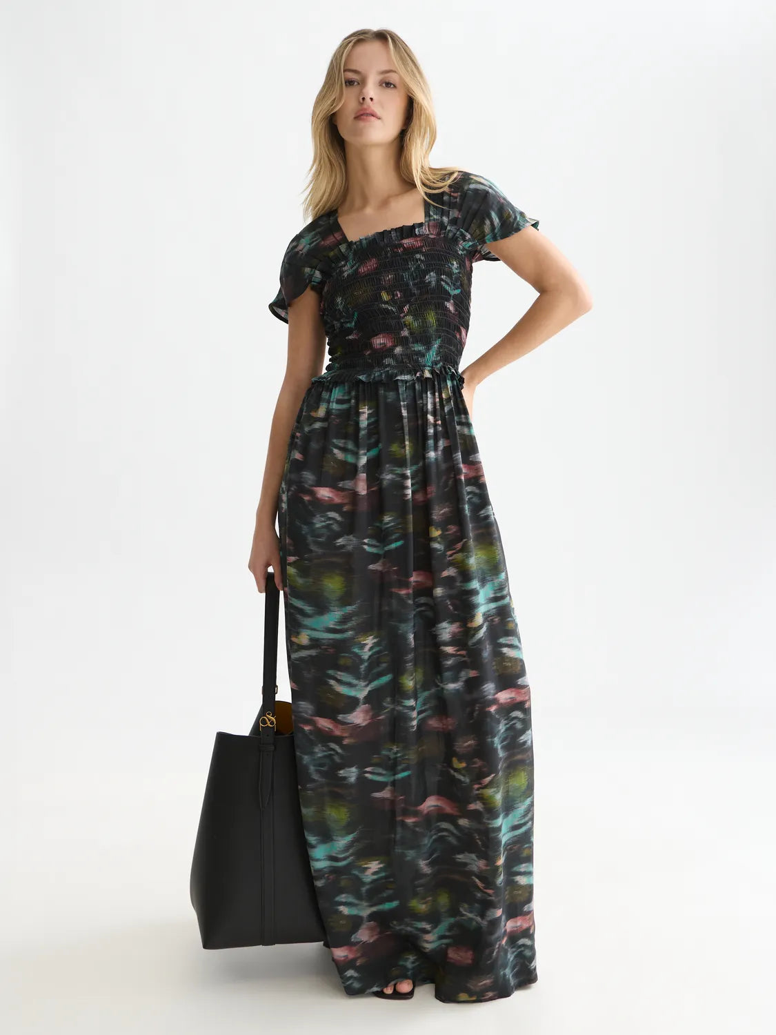 Printed Smocked Ankle Length Dress