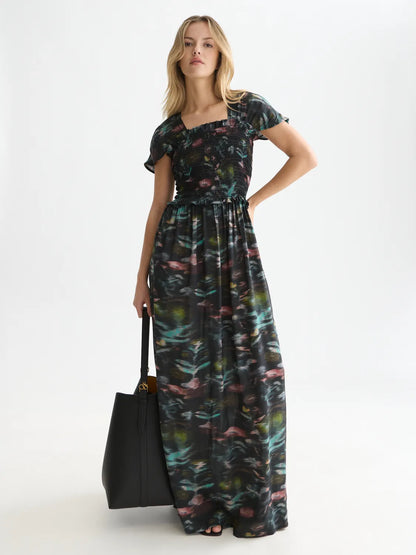 Printed Smocked Ankle Length Dress