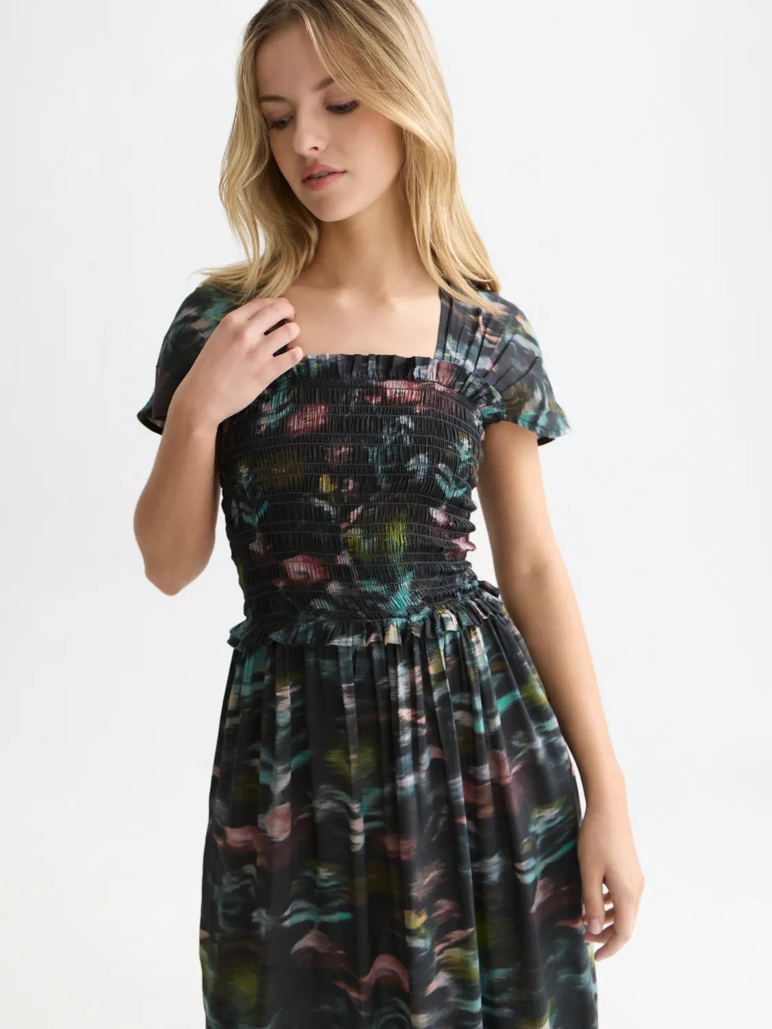 Printed Smocked Ankle Length Dress