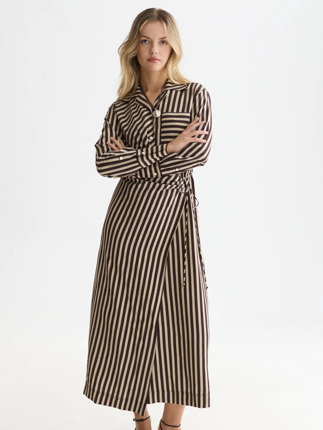 Striped Wrap Ankle Length Dress