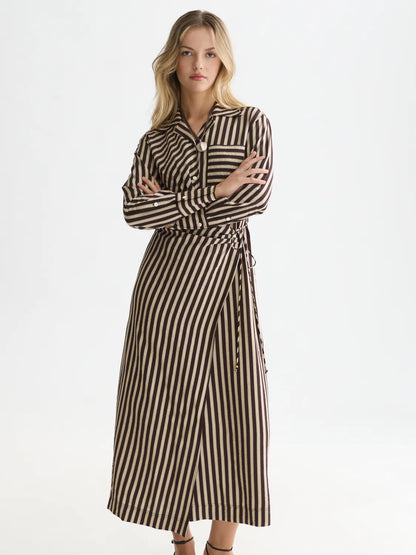 Striped Wrap Ankle Length Dress