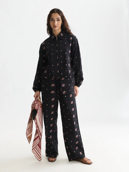 Noa High-Rise Wide-Leg Embroidered Pull-On Pants
