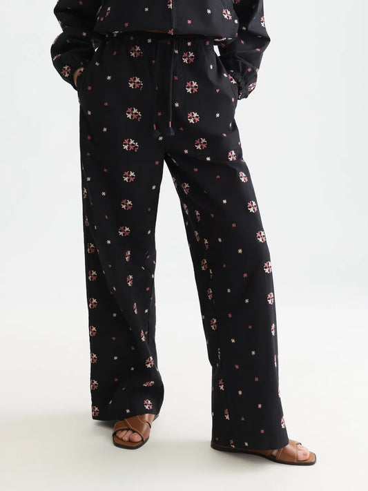 Noa High-Rise Wide-Leg Embroidered Pull-On Pants