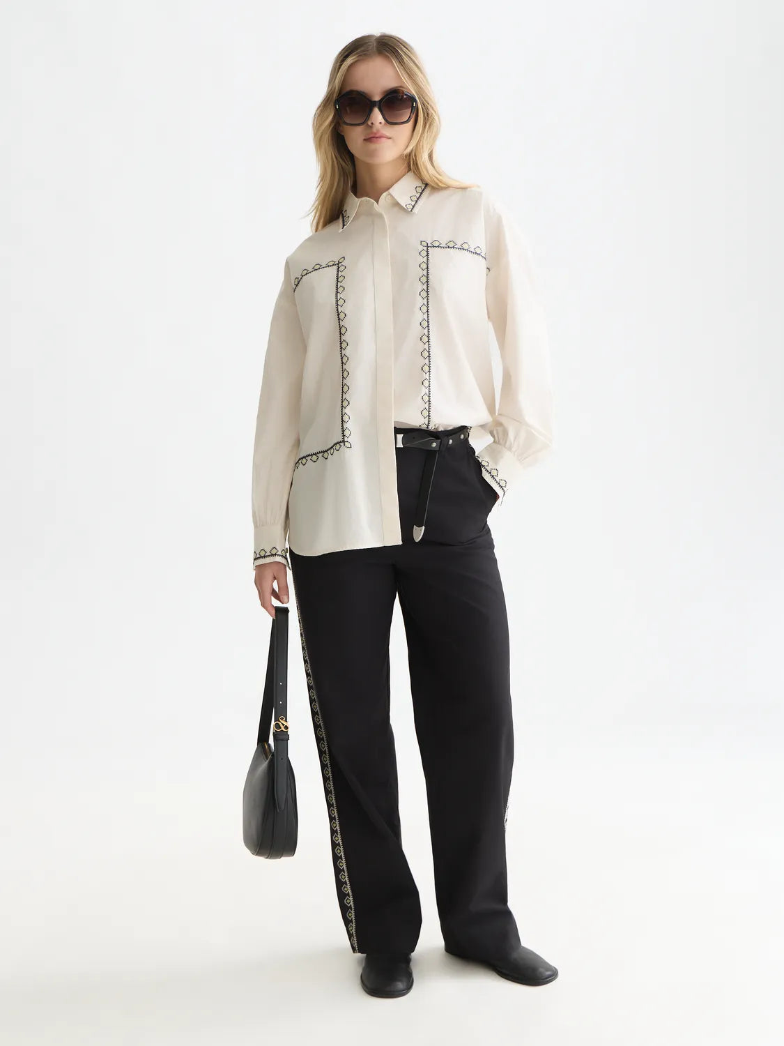Cleo - High-Rise Wide-Leg Embroidered Workwear Pants