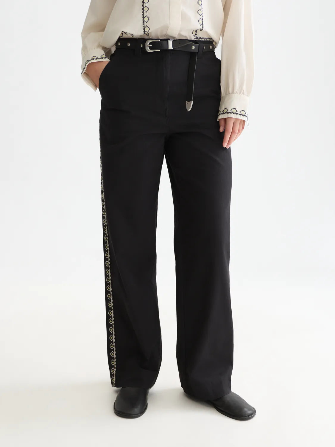 Cleo - High-Rise Wide-Leg Embroidered Workwear Pants