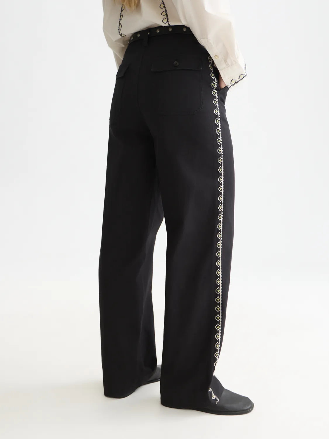 Cleo - High-Rise Wide-Leg Embroidered Workwear Pants