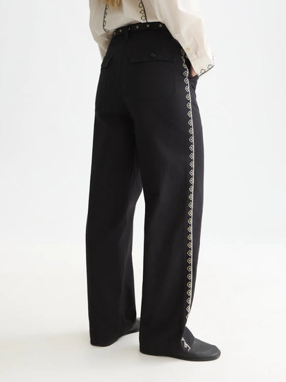 Cleo - High-Rise Wide-Leg Embroidered Workwear Pants