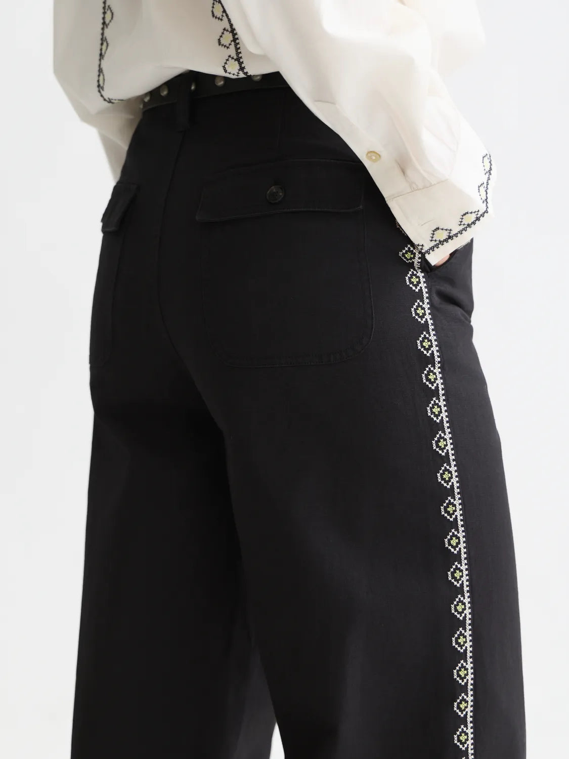 Cleo - High-Rise Wide-Leg Embroidered Workwear Pants